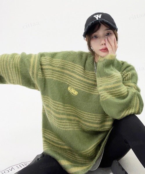 Dalfwin（ダールフィン）の「韓国ファッション Maoeマルチボーダー柄モヘアニット（ニット/セーター・レディース・ブラック/グリーン・FREE）」の20枚目の写真