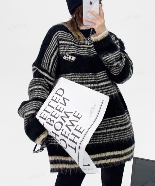 Dalfwin（ダールフィン）の「韓国ファッション Maoeマルチボーダー柄モヘアニット（ニット/セーター・レディース・ブラック/グリーン・FREE）」の5枚目の写真