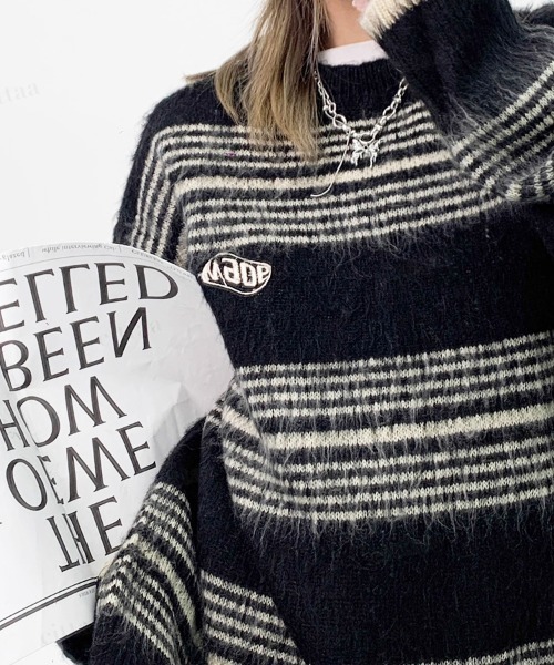 Dalfwin（ダールフィン）の「韓国ファッション Maoeマルチボーダー柄モヘアニット（ニット/セーター・レディース・ブラック/グリーン・FREE）」の11枚目の写真