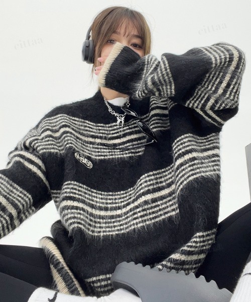 Dalfwin（ダールフィン）の「韓国ファッション Maoeマルチボーダー柄モヘアニット（ニット/セーター・レディース・ブラック/グリーン・FREE）」の6枚目の写真