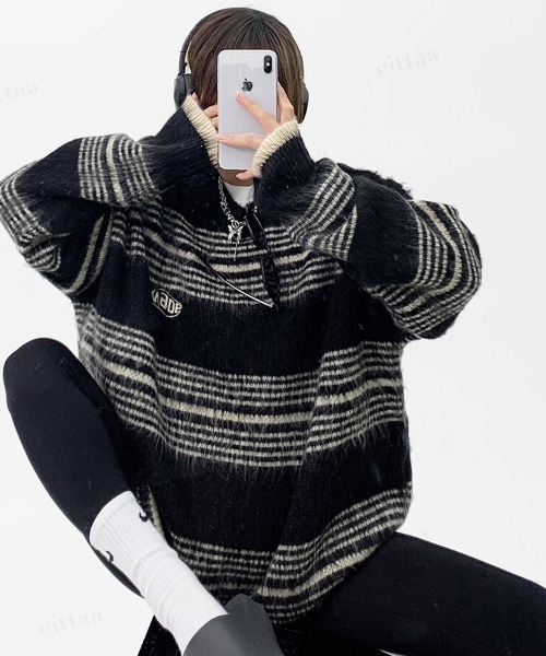 Dalfwin（ダールフィン）の「韓国ファッション Maoeマルチボーダー柄モヘアニット（ニット/セーター・レディース・ブラック/グリーン・FREE）」の7枚目の写真