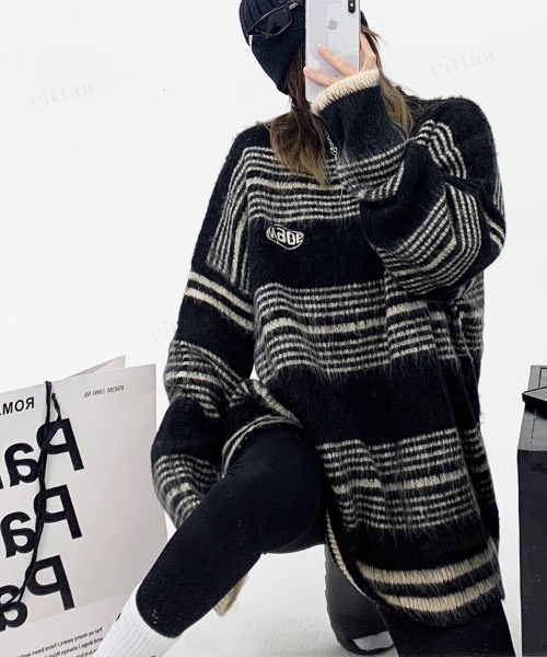 Dalfwin（ダールフィン）の「韓国ファッション Maoeマルチボーダー柄モヘアニット（ニット/セーター・レディース・ブラック/グリーン・FREE）」の8枚目の写真