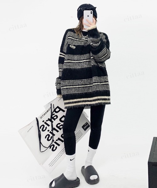 Dalfwin（ダールフィン）の「韓国ファッション Maoeマルチボーダー柄モヘアニット（ニット/セーター・レディース・ブラック/グリーン・FREE）」の12枚目の写真