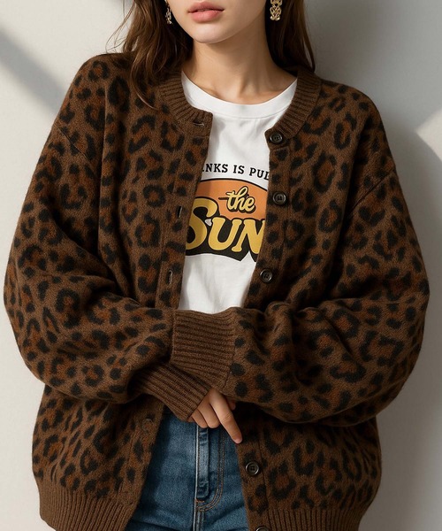 VIBGYOR(ヴィブジョー)の「【Korea Select】 ヒョウ柄カーディガン(CN)(カーディガン/ボレロ・レディース・グレー/ダークブラウン・FREE)」の1枚目の写真