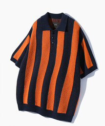 DIMITRI BLACK（ディミトリブラック）の「AERO Stripe Buckle Short-Sleeved Collar Knitwear_Navy & Orange（ニット/セーター）」