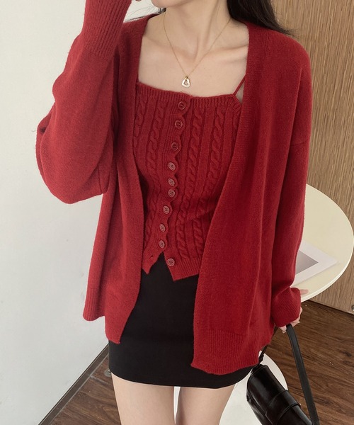 MAISON DE THERESE(メゾン ド テレーズ)の「ケーブルニットセット(ベスト&カーディガン)(ニット/セーター・レディース・レッド/ブラック/アイボリー/グリーン/ピンク/オレンジ・M)」の1枚目の写真