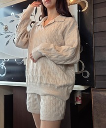 Vネックポロケーブル編みニットプルオーバー+ケーブル編みニットショートパンツ セットアップ 上下セット