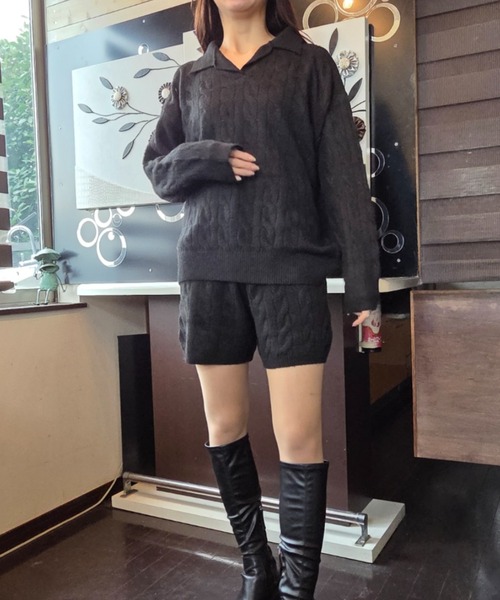 ｔｏｌｅｎｅ（トレネ）の「Vネックポロケーブル編みニットプルオーバー＋ケーブル編みニットショートパンツ セットアップ　上下セット（セットアップ・レディース・ブラック/オフホワイト・FREE）」の14枚目の写真