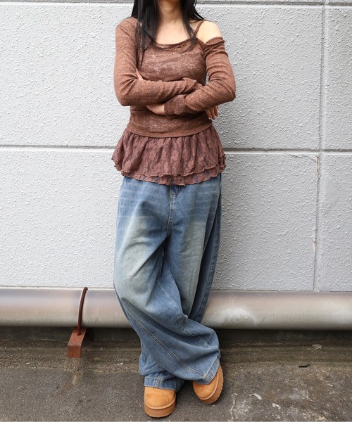 Vini（ヴィニ）の「オフショルアシンメトリーレーストップス（Tシャツ/カットソー・レディース・ブラウン/グレー・MEDIUM）」の6枚目の写真