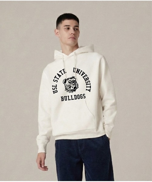 UN-USELESS(アンユースレス)の「【UN-USELESS】アンユースレス/ USL BULLDOGS HOODED SWKNIT(パーカー・メンズ・キャメル/ホワイト・LARGE/X-LARGE/SMALL)」の1枚目の写真