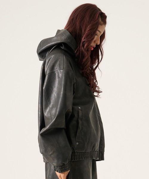 FUBU( フブ)の「FUBU フブ ブランド Faux Leather Hoodie / フェイクレザーパーカー PUレザー(セットアップ対応)(ブルゾン・メンズ・ブラック・M/L/XL/XXL)」の7枚目の写真