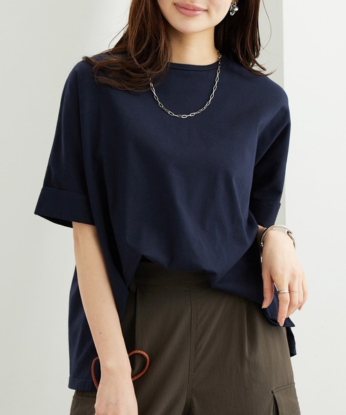 BELLUNA PLUS(ベルーナ)の「【接触冷感 / 体型カバー】ゆるTシャツ(Tシャツ/カットソー・レディース・ネイビー/イエロー/ホワイト×ネイビー/グレイッシュブルー/カーキ・MEDIUM/LARGE/X-LARGE)」の1枚目の写真