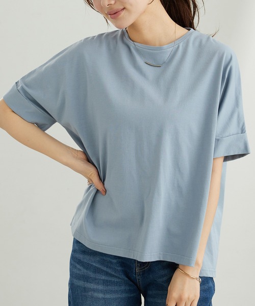 BELLUNA PLUS(ベルーナ)の「【接触冷感 / 体型カバー】ゆるTシャツ(Tシャツ/カットソー・レディース・ネイビー/イエロー/ホワイト×ネイビー/グレイッシュブルー/カーキ・MEDIUM/LARGE/X-LARGE)」の19枚目の写真