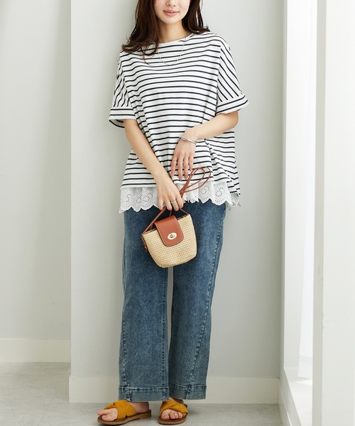 BELLUNA PLUS(ベルーナ)の「【接触冷感 / 体型カバー】ゆるTシャツ(Tシャツ/カットソー・レディース・ネイビー/イエロー/ホワイト×ネイビー/グレイッシュブルー/カーキ・MEDIUM/LARGE/X-LARGE)」の13枚目の写真