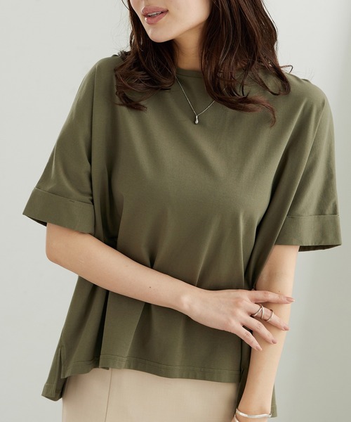 BELLUNA PLUS(ベルーナ)の「【接触冷感 / 体型カバー】ゆるTシャツ(Tシャツ/カットソー・レディース・ネイビー/イエロー/ホワイト×ネイビー/グレイッシュブルー/カーキ・MEDIUM/LARGE/X-LARGE)」の14枚目の写真