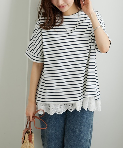 BELLUNA PLUS(ベルーナ)の「【接触冷感 / 体型カバー】ゆるTシャツ(Tシャツ/カットソー・レディース・ネイビー/イエロー/ホワイト×ネイビー/グレイッシュブルー/カーキ・MEDIUM/LARGE/X-LARGE)」の7枚目の写真