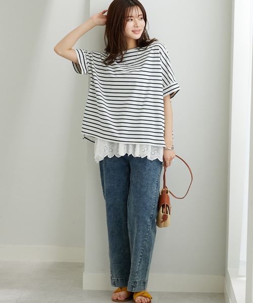 BELLUNA PLUS(ベルーナ)の「【接触冷感 / 体型カバー】ゆるTシャツ(Tシャツ/カットソー・レディース・ネイビー/イエロー/ホワイト×ネイビー/グレイッシュブルー/カーキ・MEDIUM/LARGE/X-LARGE)」の9枚目の写真