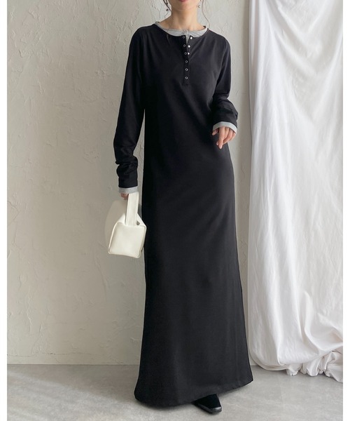 She's Closet(シーズクローゼット)の「長袖ロング丈 配色 レイヤード風 ヘンリーネック タイトワンピース(ワンピース・レディース・杢グレー/ブラック/チャコール・FREE)」の16枚目の写真