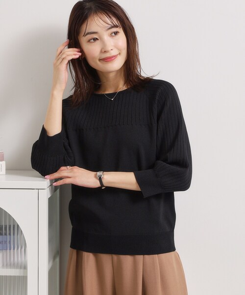 ITS'DEMO(イッツデモ)の「【縮みに強い/毛玉防止/洗濯機OK】タフニット リブ切替ニットプルオーバー(ニット/セーター・レディース・ブルー/オフホワイト/レッド系1/ブラック/ライトイエロー系・00)」の2枚目の写真