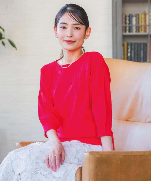 ITS'DEMO(イッツデモ)の「【縮みに強い/毛玉防止/洗濯機OK】タフニット リブ切替ニットプルオーバー(ニット/セーター・レディース・ブルー/オフホワイト/レッド系1/ブラック/ライトイエロー系・00)」の6枚目の写真