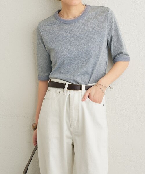 Omekashi（オメカシ）の「ラメリブ半袖ニット（ニット/セーター・レディース・グレー/ブラック・FREE）」の2枚目の写真