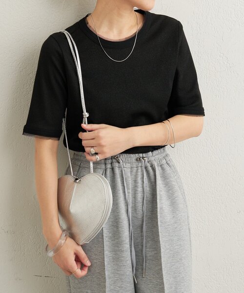 Omekashi（オメカシ）の「ラメリブ半袖ニット（ニット/セーター・レディース・グレー/ブラック・FREE）」の3枚目の写真