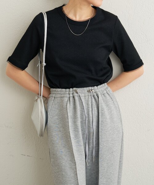 Omekashi（オメカシ）の「ラメリブ半袖ニット（ニット/セーター・レディース・グレー/ブラック・FREE）」の4枚目の写真