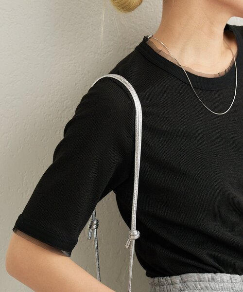 Omekashi（オメカシ）の「ラメリブ半袖ニット（ニット/セーター・レディース・グレー/ブラック・FREE）」の8枚目の写真