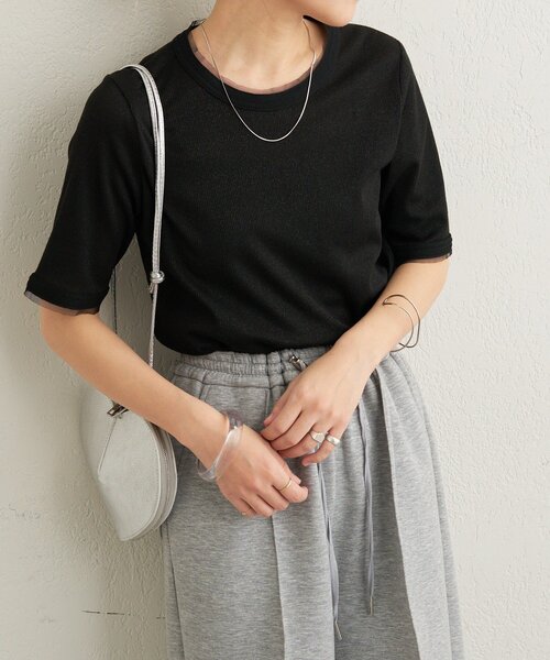 Omekashi（オメカシ）の「ラメリブ半袖ニット（ニット/セーター・レディース・グレー/ブラック・FREE）」の15枚目の写真