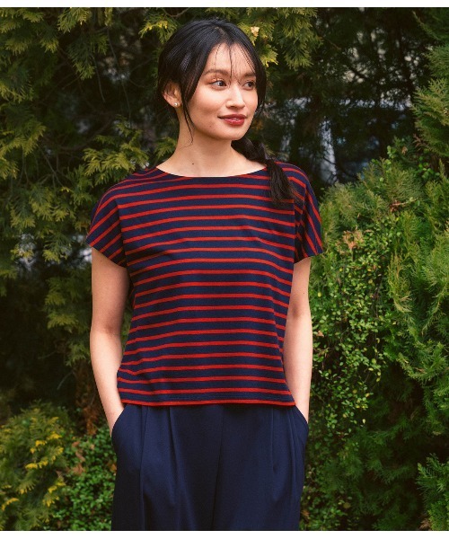 Park Slope NEWYORKER（パークスロープニューヨーカー）の「【接触冷感・優しい肌触り】ボーダーフレンチスリーブTシャツ（Tシャツ/カットソー・レディース・ブラック/ネイビー・フリー）」の2枚目の写真