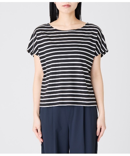 Park Slope NEWYORKER（パークスロープニューヨーカー）の「【接触冷感・優しい肌触り】ボーダーフレンチスリーブTシャツ（Tシャツ/カットソー・レディース・ブラック/ネイビー・フリー）」の5枚目の写真