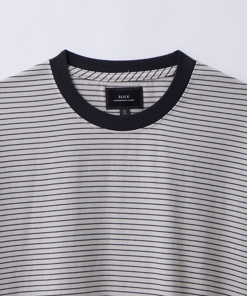 SLICK(スリック)の「【SLICK/スリック】30/2 Micro Border Drawstring T-Shirt/マイクロボーダードローストリングTシャツ/オーバーサイズ シルエット(Tシャツ/カットソー・メンズ・スミクロ/アイボリー/ブラック系その他・2/1/3)」の14枚目の写真