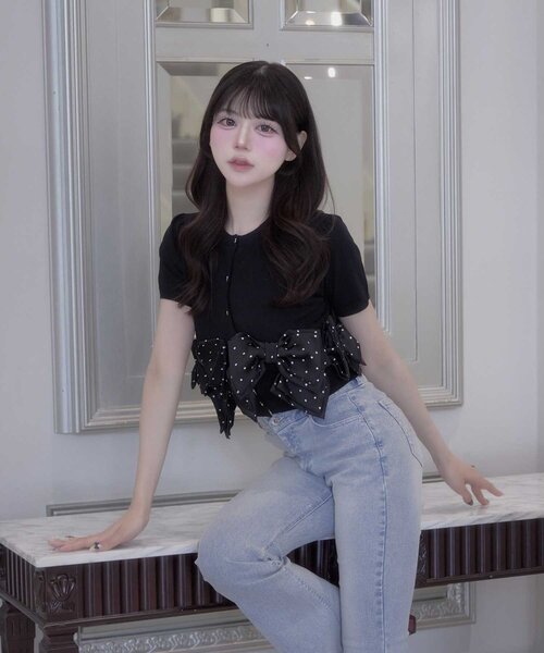 OLIVE des OLIVE(オリーブデオリーブ)の「【Belle Charme】Many Ribbon Cardigan(カーディガン/ボレロ・レディース・ネイビー/ブラック/トップグレー・FREE)」の1枚目の写真