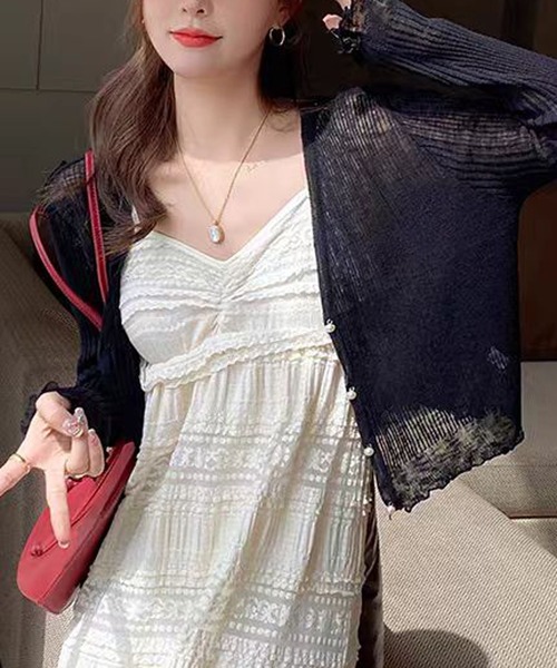 Nia(ニア)の「【人気急上昇中!】【夏の日焼け対策&冷房対策におすすめ】Nia(ニア)/パールボタンシアーカーディガン(カーディガン/ボレロ・レディース・ライトピンク/ブラック/ホワイト/ライトイエロー/ライトブルー・FREE)」の3枚目の写真