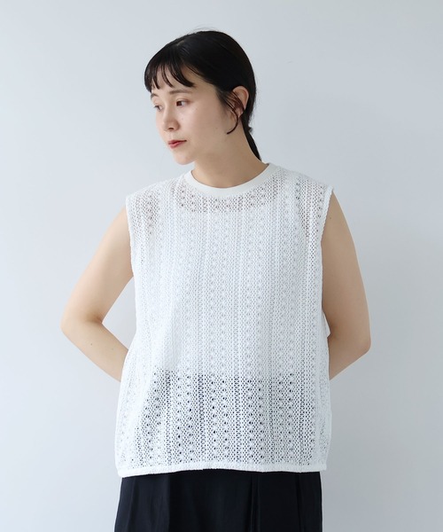 crochet　cotton lace no-sleeves pullover