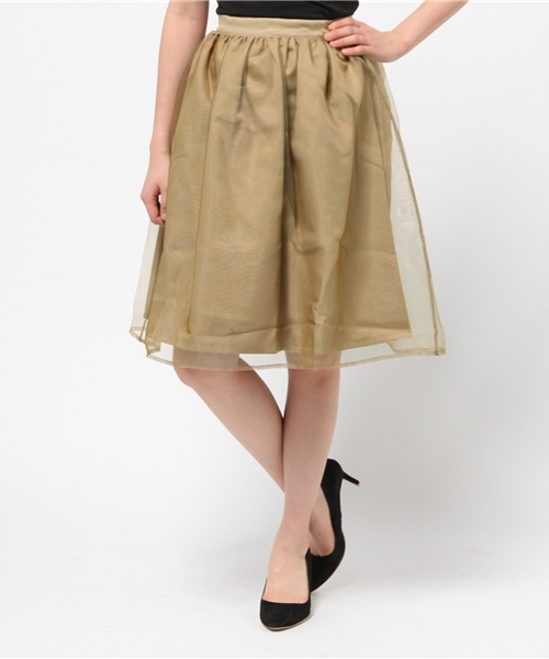 Luz Llena (philter)（ラズレナ　フィルター）の「ミモレ丈シフォンギャザースカート/フレアスカート（スカート・レディース・ライトカーキ/オフホワイト/サックスブルー・MEDIUM/LARGE）」の3枚目の写真