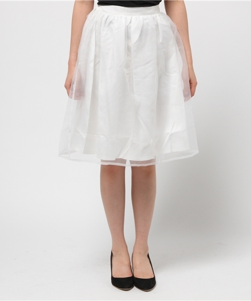 Luz Llena (philter)（ラズレナ　フィルター）の「ミモレ丈シフォンギャザースカート/フレアスカート（スカート・レディース・ライトカーキ/オフホワイト/サックスブルー・MEDIUM/LARGE）」の4枚目の写真