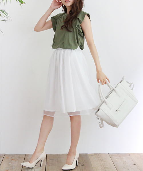 Luz Llena (philter)（ラズレナ　フィルター）の「ミモレ丈シフォンギャザースカート/フレアスカート（スカート・レディース・ライトカーキ/オフホワイト/サックスブルー・MEDIUM/LARGE）」の12枚目の写真