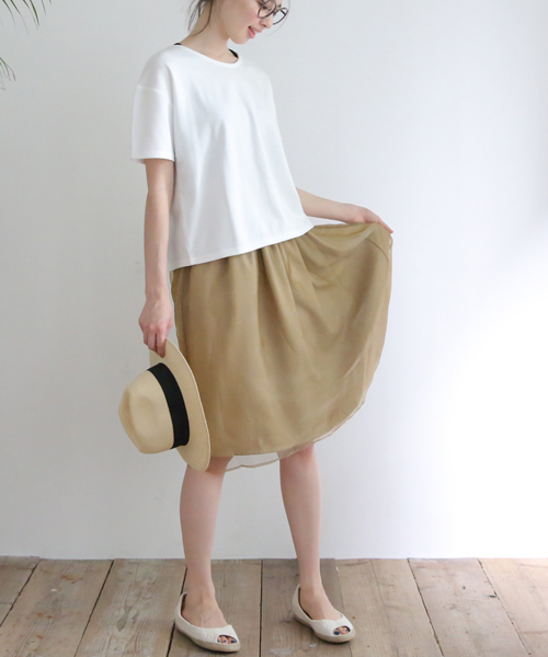 Luz Llena (philter)（ラズレナ　フィルター）の「ミモレ丈シフォンギャザースカート/フレアスカート（スカート・レディース・ライトカーキ/オフホワイト/サックスブルー・MEDIUM/LARGE）」の14枚目の写真
