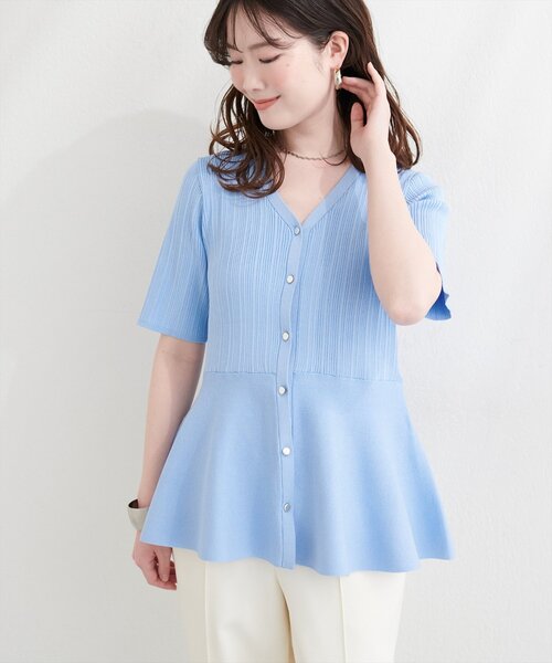 natural couture（ナチュラルクチュール）の「ランダムリブ５分袖ペプラムニットカーディガン（カーディガン/ボレロ・レディース・ピンク/オフホワイト/サックスブルー/ネイビー/ミント・FREE）」の4枚目の写真
