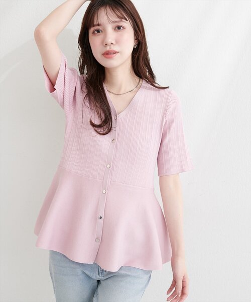 natural couture（ナチュラルクチュール）の「ランダムリブ５分袖ペプラムニットカーディガン（カーディガン/ボレロ・レディース・ピンク/オフホワイト/サックスブルー/ネイビー/ミント・FREE）」の5枚目の写真