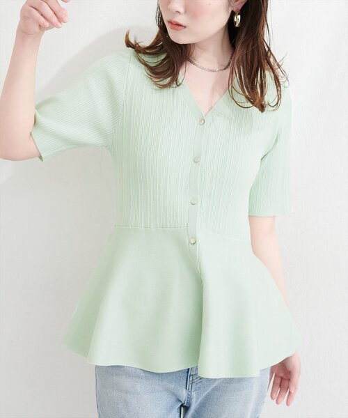 natural couture（ナチュラルクチュール）の「ランダムリブ５分袖ペプラムニットカーディガン（カーディガン/ボレロ・レディース・ピンク/オフホワイト/サックスブルー/ネイビー/ミント・FREE）」の2枚目の写真
