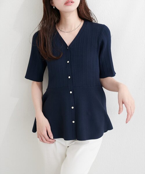 natural couture（ナチュラルクチュール）の「ランダムリブ５分袖ペプラムニットカーディガン（カーディガン/ボレロ・レディース・ピンク/オフホワイト/サックスブルー/ネイビー/ミント・FREE）」の6枚目の写真
