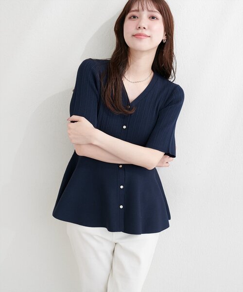 natural couture（ナチュラルクチュール）の「ランダムリブ５分袖ペプラムニットカーディガン（カーディガン/ボレロ・レディース・ピンク/オフホワイト/サックスブルー/ネイビー/ミント・FREE）」の7枚目の写真