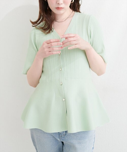 natural couture（ナチュラルクチュール）の「ランダムリブ５分袖ペプラムニットカーディガン（カーディガン/ボレロ・レディース・ピンク/オフホワイト/サックスブルー/ネイビー/ミント・FREE）」の9枚目の写真
