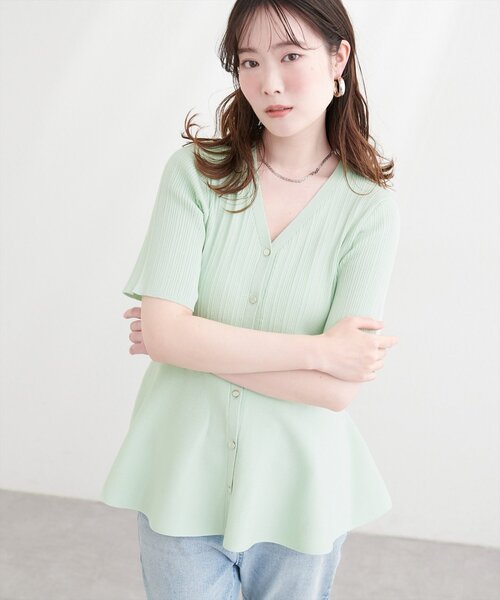 natural couture（ナチュラルクチュール）の「ランダムリブ５分袖ペプラムニットカーディガン（カーディガン/ボレロ・レディース・ピンク/オフホワイト/サックスブルー/ネイビー/ミント・FREE）」の11枚目の写真