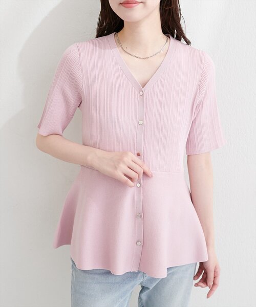 natural couture（ナチュラルクチュール）の「ランダムリブ５分袖ペプラムニットカーディガン（カーディガン/ボレロ・レディース・ピンク/オフホワイト/サックスブルー/ネイビー/ミント・FREE）」の14枚目の写真