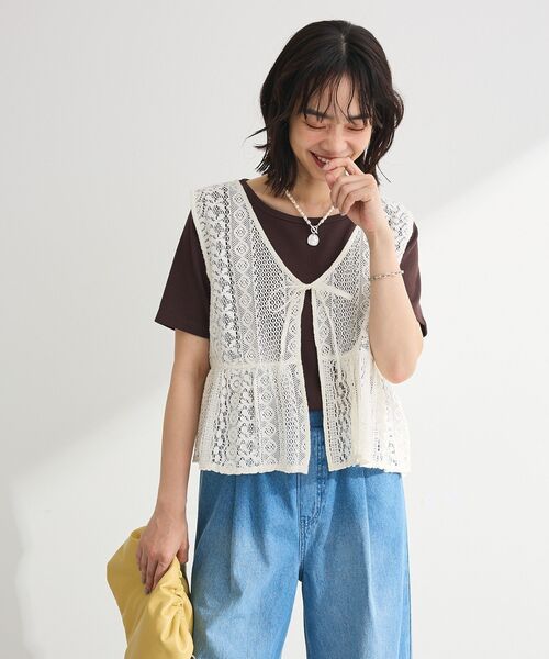 Green　Parks（グリーンパークス）の「【適ON】5分袖リブプルオーバー（Tシャツ/カットソー・レディース・ブラウン/ブラック/オフホワイト/チャコールグレー・FREE）」の12枚目の写真