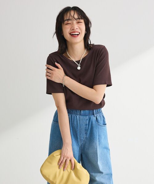 Green　Parks（グリーンパークス）の「【適ON】5分袖リブプルオーバー（Tシャツ/カットソー・レディース・ブラウン/ブラック/オフホワイト/チャコールグレー・FREE）」の13枚目の写真