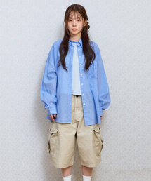 ke206. Shirring Pocket Overfit Shirt Blue